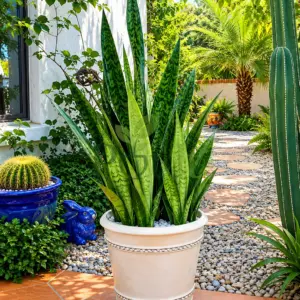 Healthy Snake Plant (Sansevieria Trifasciata) growing in a large decorative pot in a landscaped garden with lush green foliage.