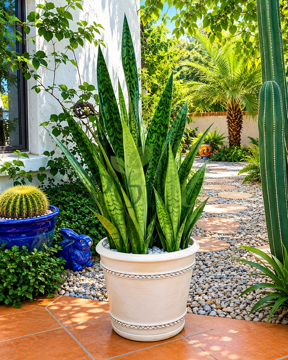 Healthy Snake Plant (Sansevieria Trifasciata) growing in a large decorative pot in a landscaped garden with lush green foliage.