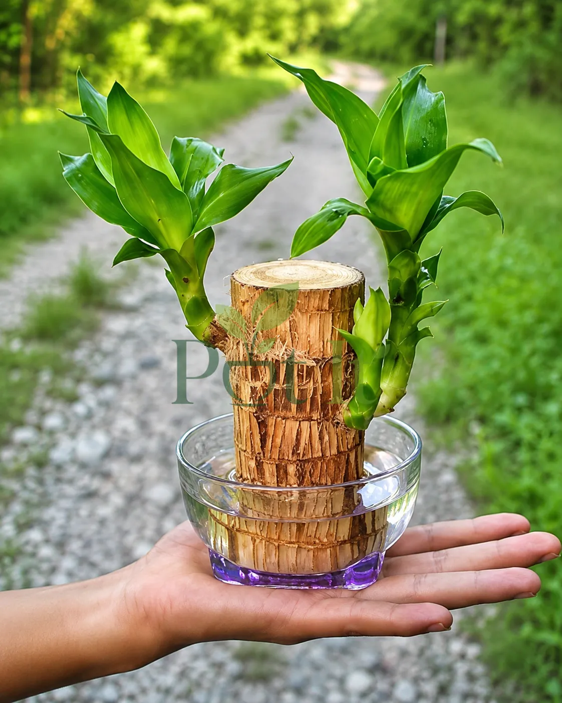 Brazilian Wood (Dracaena fragrans) cane cutting growing fresh green shoots in a glass water bowl