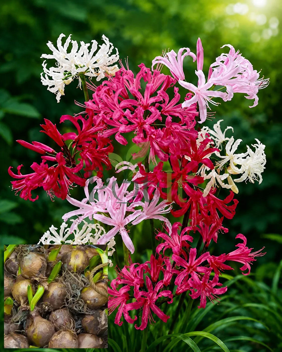 Mixed color Nerine Lily flowers blooming in pink white and red shades