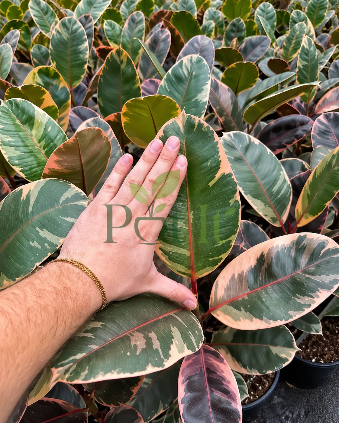 Close-up of Ficus Elastica Ruby variegated leaves showing green, cream and pink foliage patterns