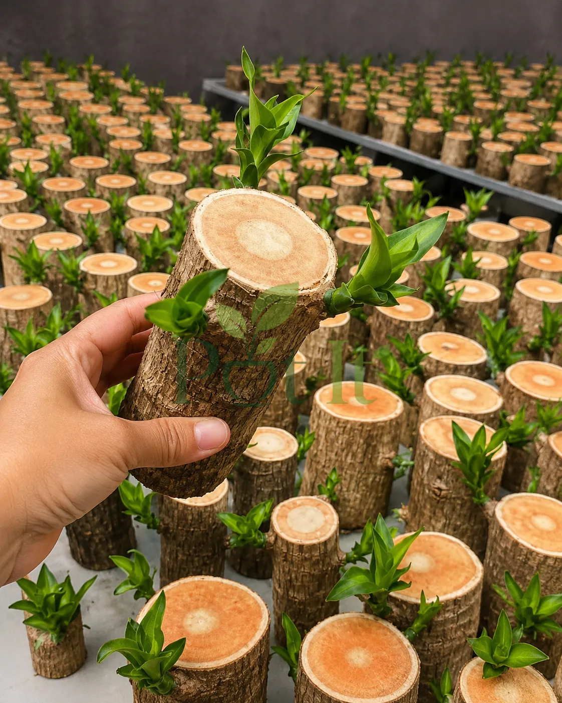 Brazilian Wood (Dracaena fragrans) cane cuttings producing healthy green shoots in a propagation nursery