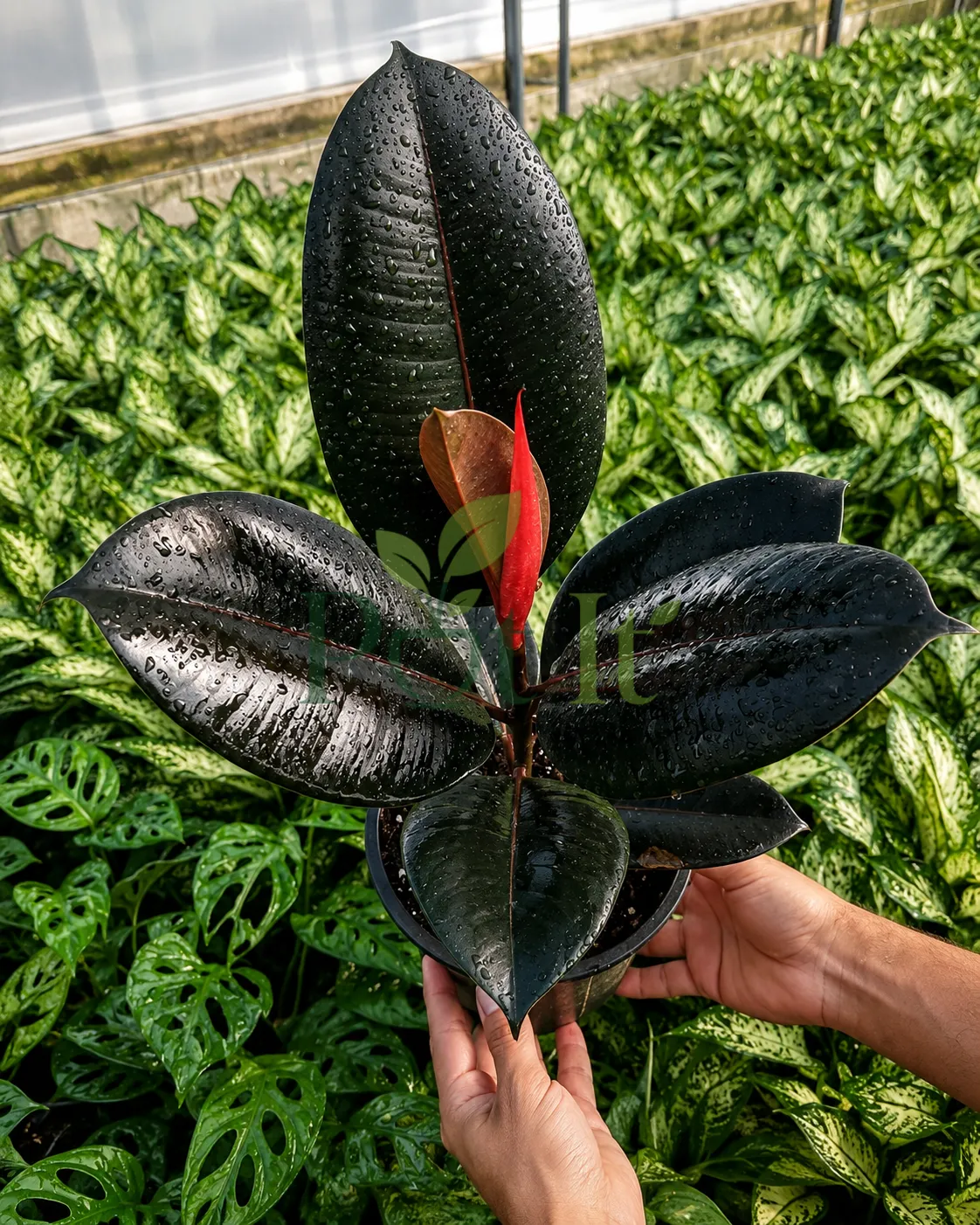 Black Rubber Plant (Ficus Elastica Burgundy) with glossy dark leaves and vibrant red new leaf growing in a nursery pot.