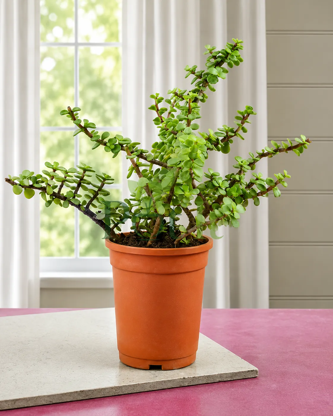 Mature Dwarf Jade Plant (Portulacaria afra) with thick green succulent leaves growing in a terracotta pot indoors.