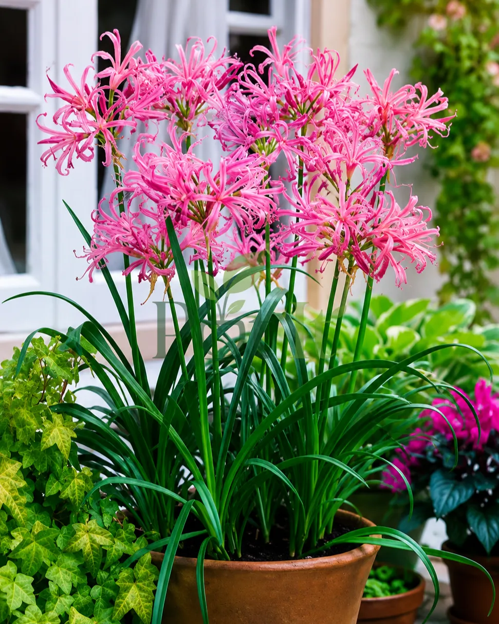 Pink Nerine Lily flowers growing in decorative garden pots