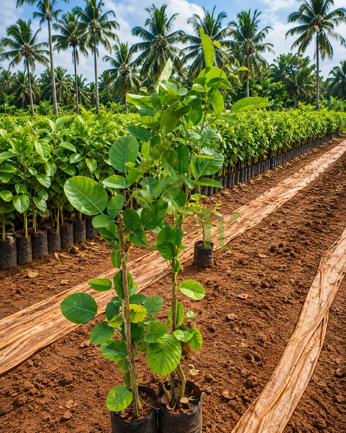 Indian Red Sandalwood saplings growing in nursery bags on a plantation field with rows of healthy Red Sanders plants.