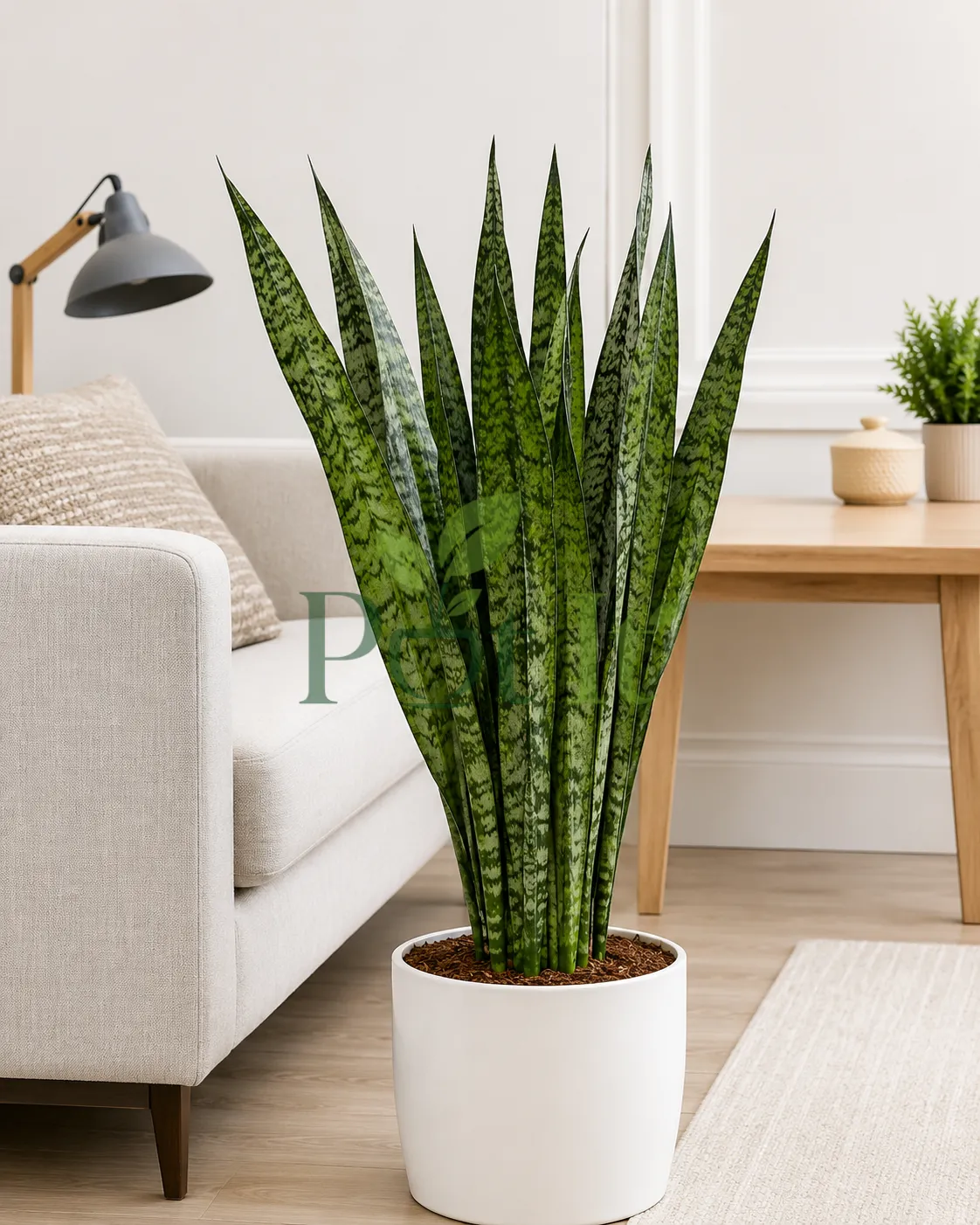 Tall Snake Plant with upright variegated green leaves growing in a white ceramic pot inside a modern living room.