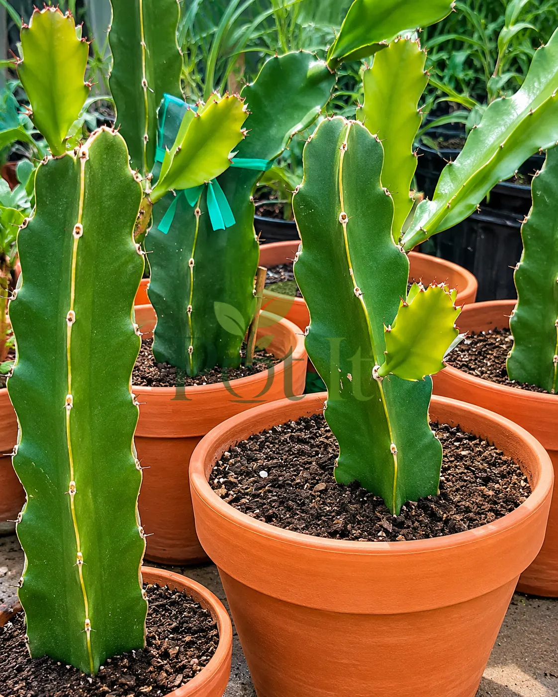 Young yellow dragon fruit cactus cuttings growing in terracotta pots with fresh new growth and healthy green stems