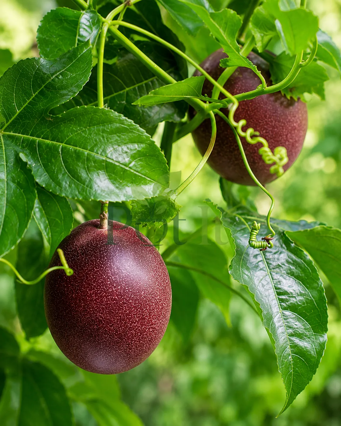Close-up of ripe Purple Passion Fruit hanging on a Passiflora edulis vine with glossy green leaves and curling tendrils in a tropical garden.