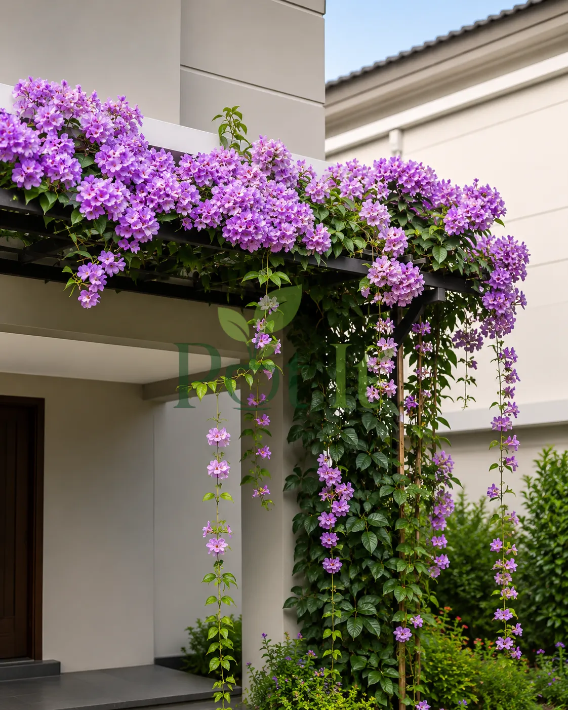Mature Garlic Vine (Mansoa alliacea) covered with cascading purple flowers growing over a pergola and garden structure.