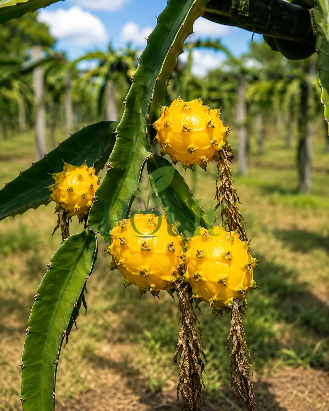 Ripe yellow dragon fruits hanging on a healthy yellow dragon fruit cactus plant in an orchard