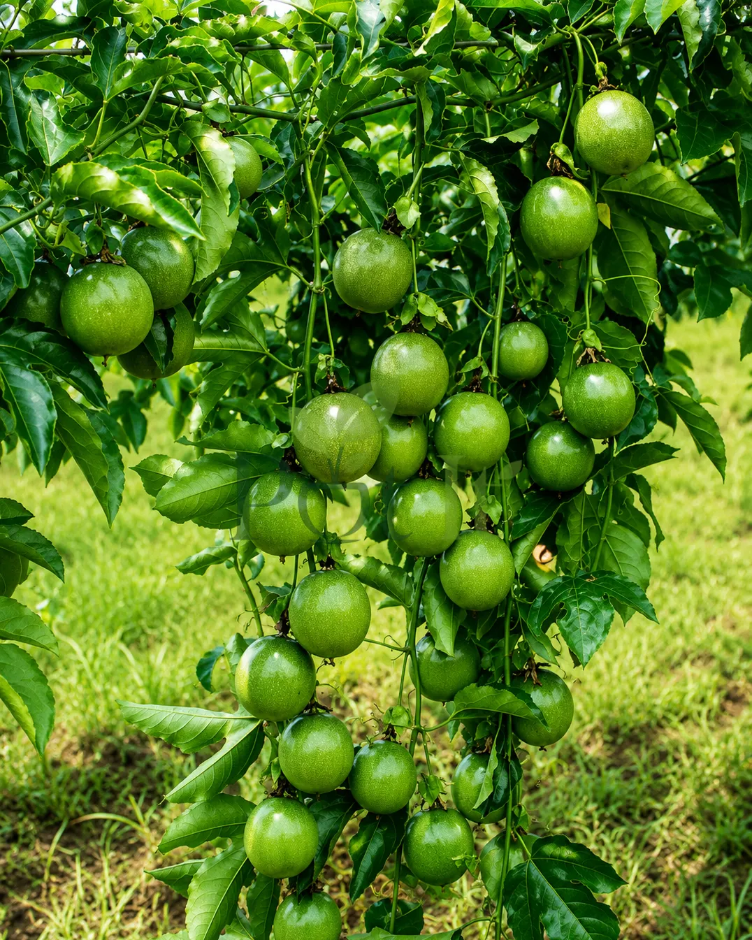 Healthy Passion Fruit vine (Passiflora edulis) covered with numerous green fruits hanging from the plant, growing outdoors in a tropical fruit garden.
